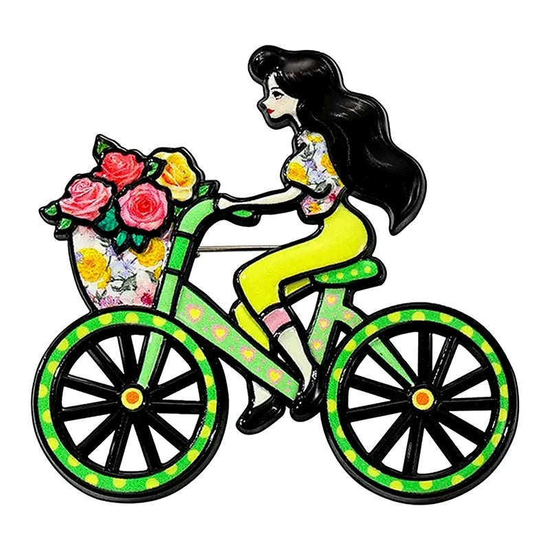 Cycling Lady with Flower Basket Brooch — Green