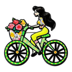 Cycling Lady with Flower Basket Brooch — Green