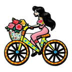 Cycling Lady with Flower Basket Brooch — Orange