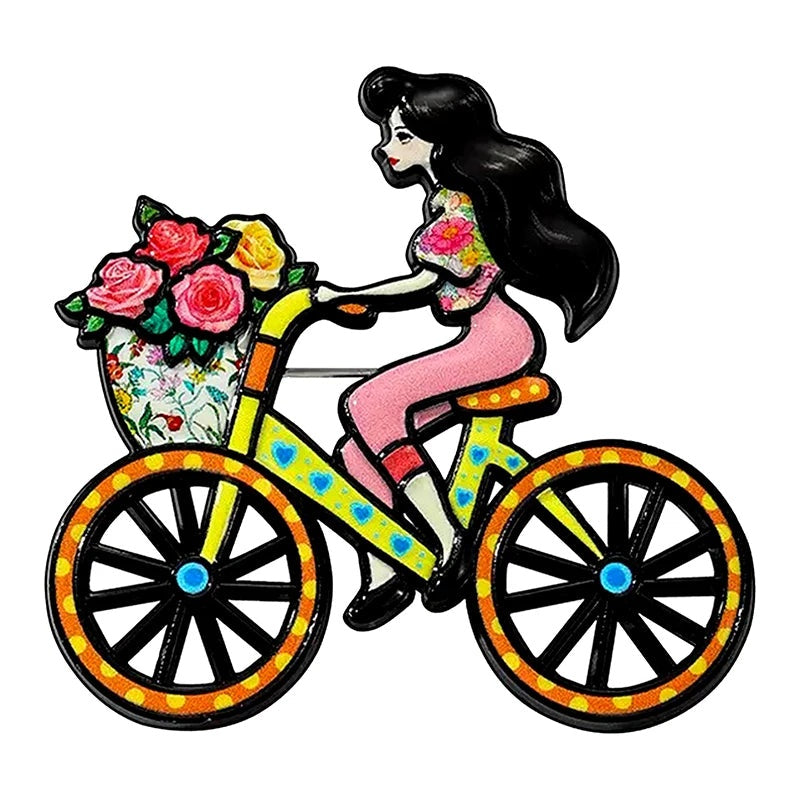 Cycling Lady with Flower Basket Brooch — Orange
