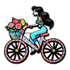 Cycling Lady with Flower Basket Brooch — Pink