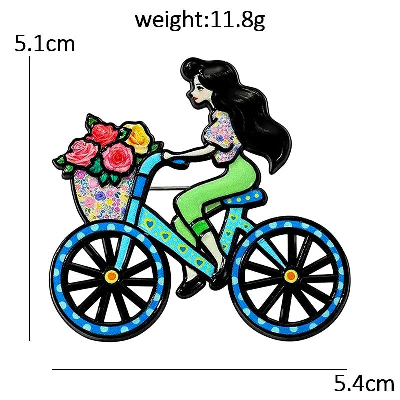 Cycling Lady with Flower Basket Brooch dimensions