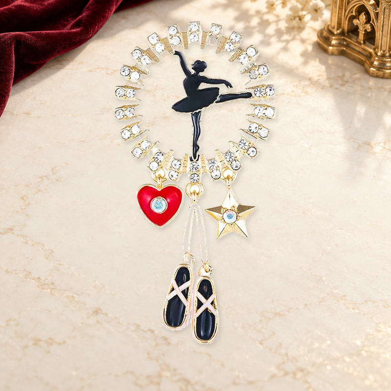 Dancing Ballerina and Ballet Charm Brooch on a motif themed ivory backdrop