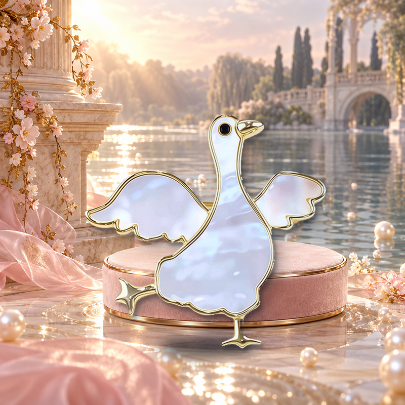 Dancing Goose with Pearlescent Finish Brooch styled in a thematic scene