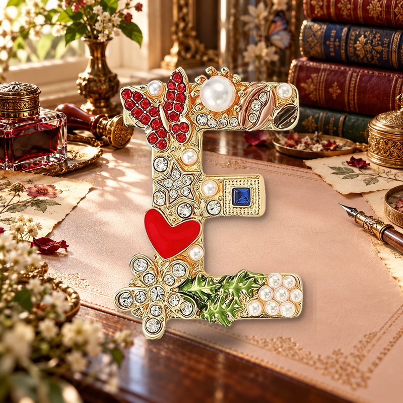 Decorative Letter E with Butterfly Brooch in a themed styled scene