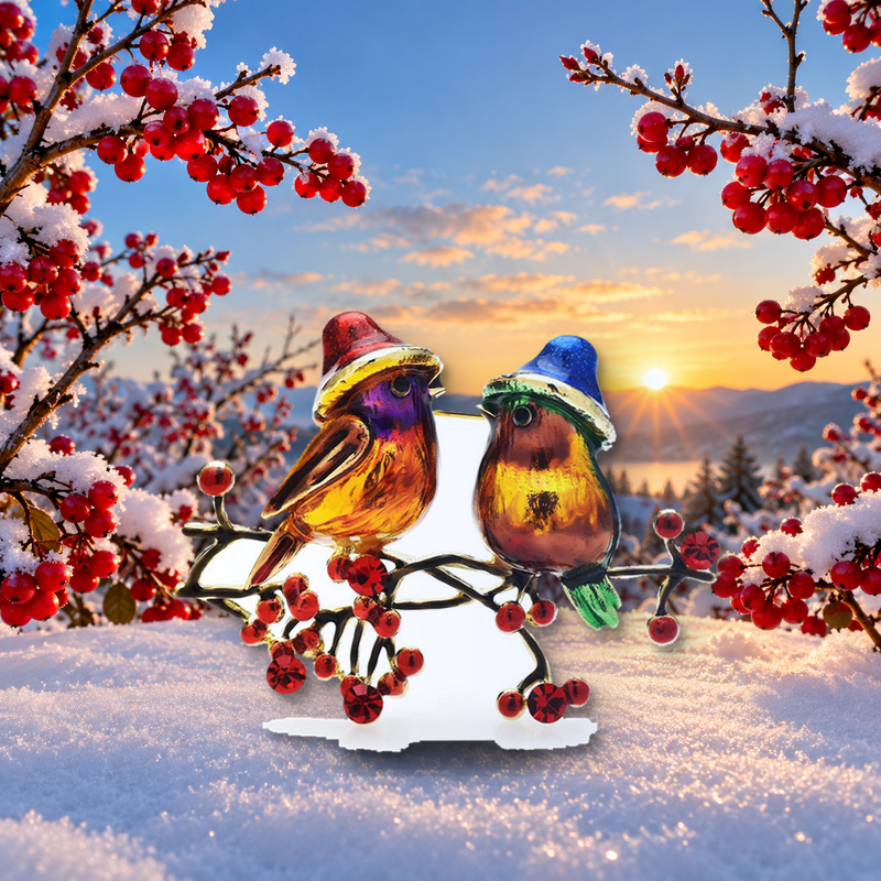 Enamel Bird Pair on a Berry Branch Brooch styled in a thematic scene