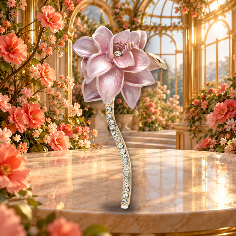 Enamel Blossom with Jeweled Curved Stem Brooch styled in a thematic scene