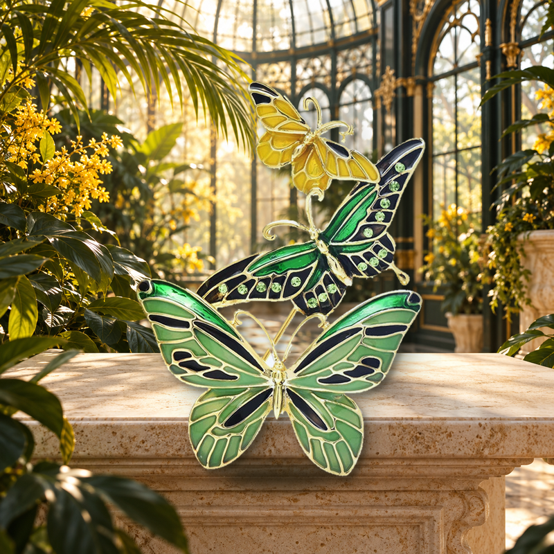 Enamel Butterfly Trio Brooch styled in a thematic scene
