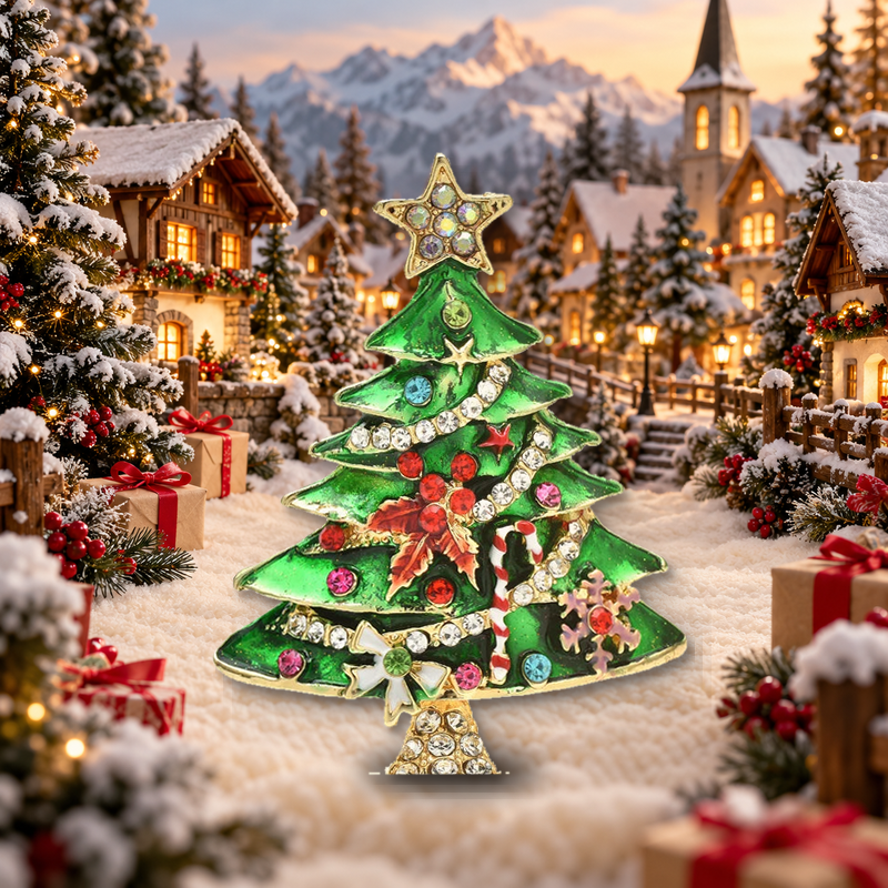 Enamel Christmas Tree with Presents Brooch styled in a thematic scene