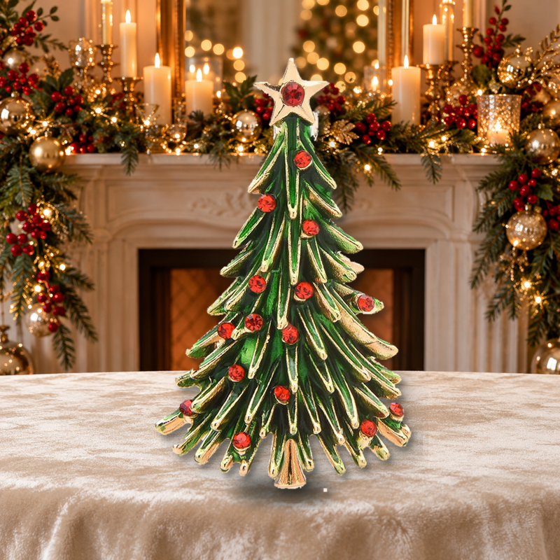 Enamel Evergreen Christmas Tree Brooch styled in a thematic scene