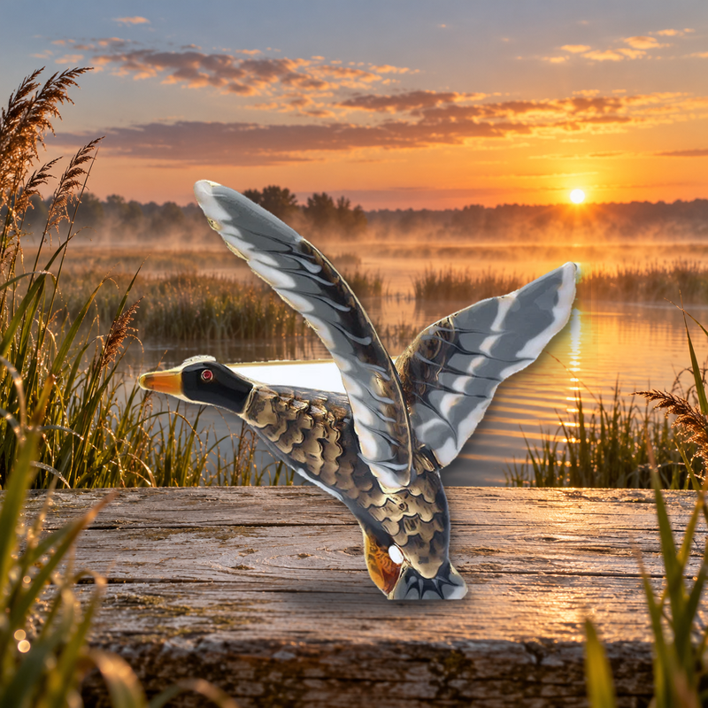 Enamel Flying Duck Brooch styled in a thematic scene
