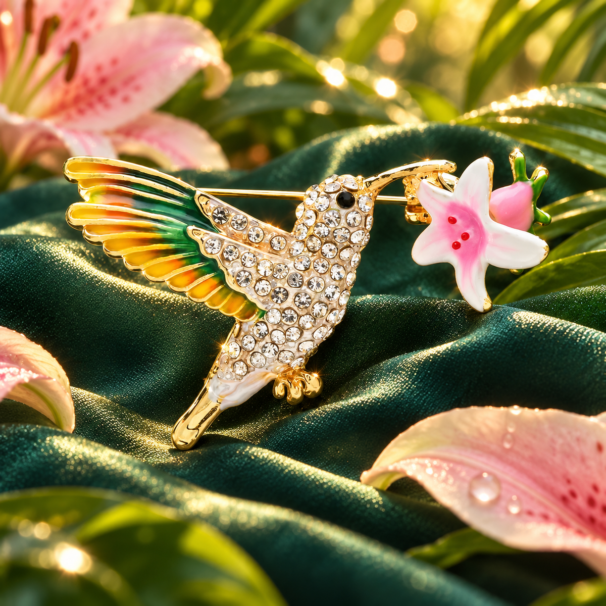 Enamel hummingbird with flower brooch displayed in a lush garden scene
