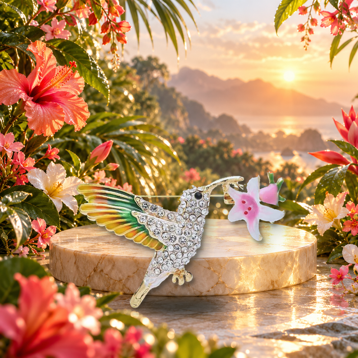 Enamel Hummingbird with Flower Brooch