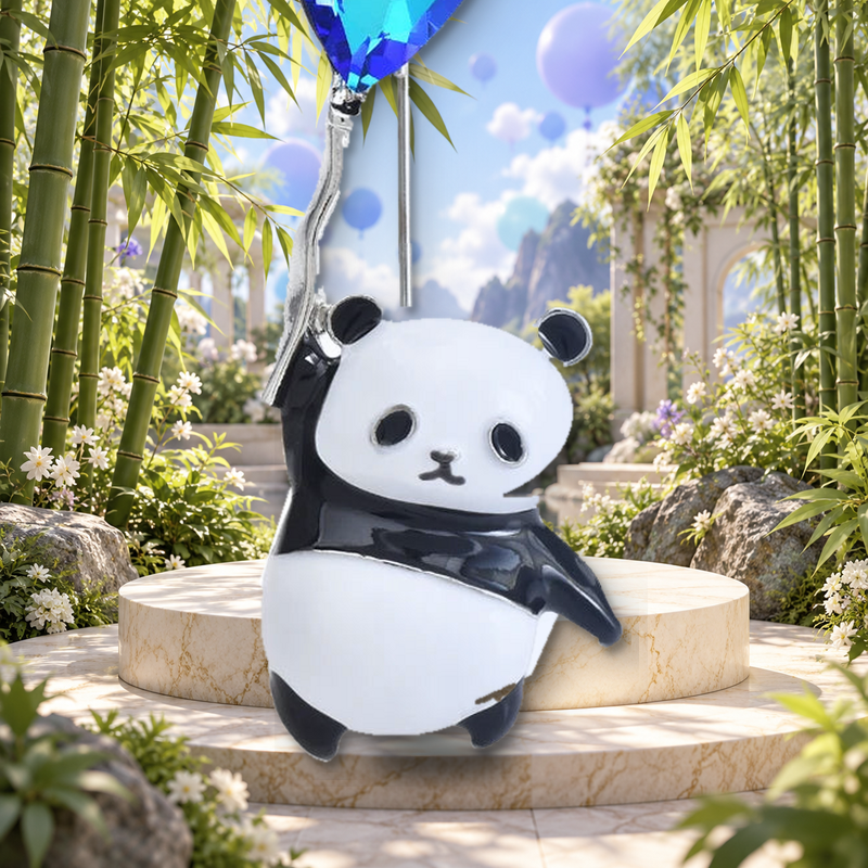 Enamel Panda Holding a Jewel Balloon Brooch styled in a thematic scene