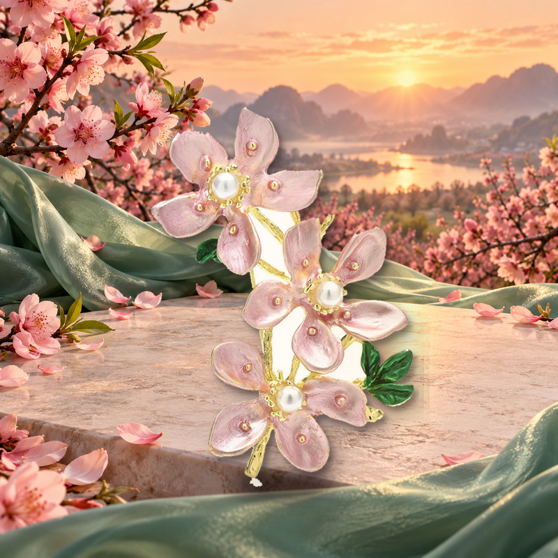 Enamel Peach Blossom Branch Brooch styled in a thematic scene