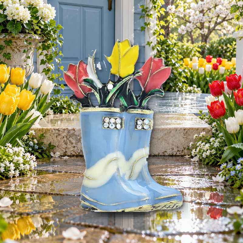 Enamel Rain Boots with Tulips Brooch styled in a thematic scene