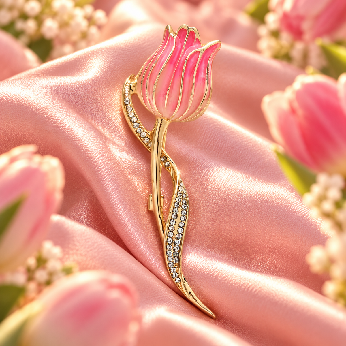 Enamel tulip with jeweled stem brooch displayed on blush satin