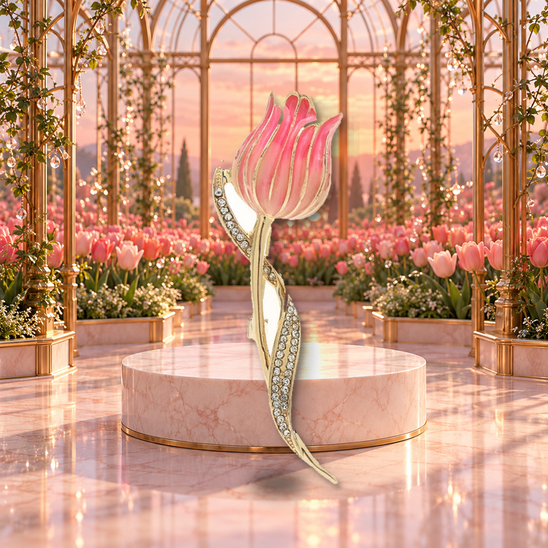 Enamel Tulip with Jeweled Stem Brooch styled in a thematic scene