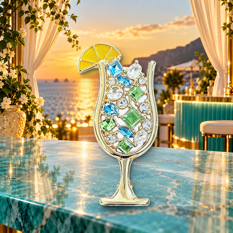 Faceted Cocktail Glass with Lemon Brooch styled in a thematic scene