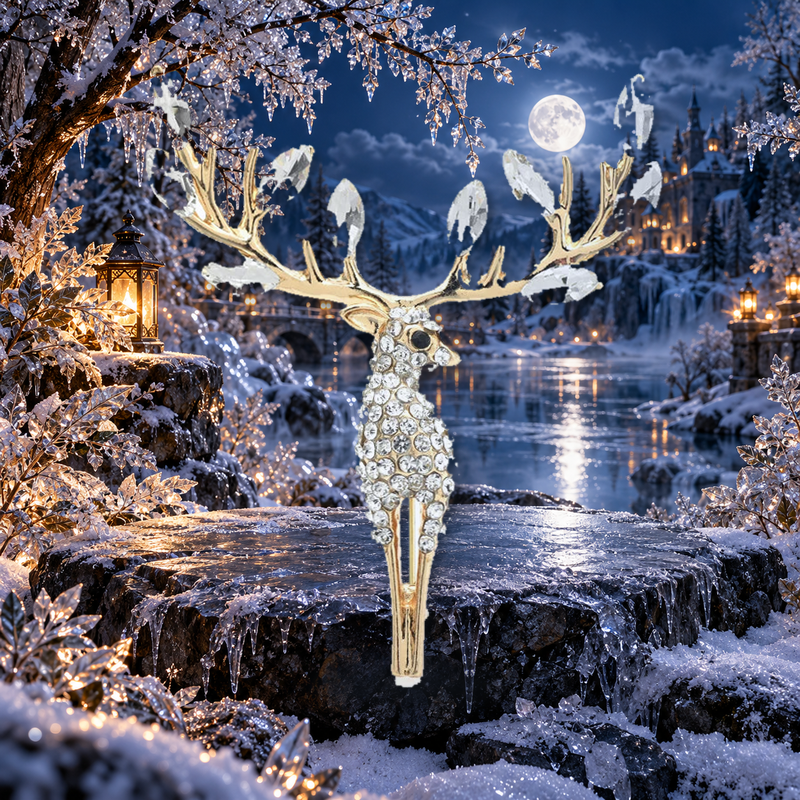 Faceted Crystal-Look Stag Brooch styled in a thematic scene