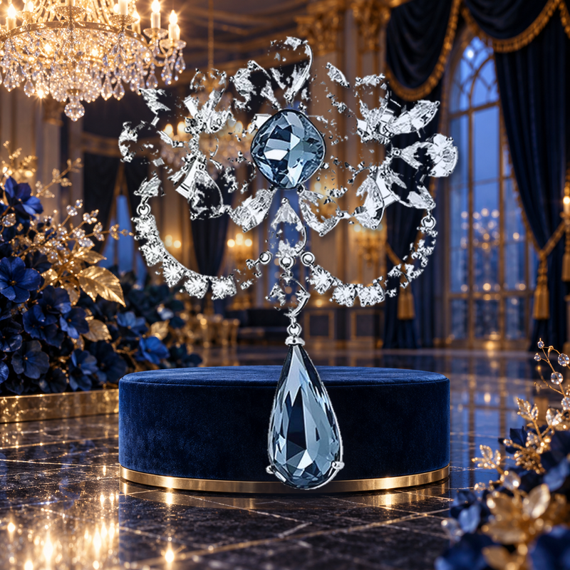 Faceted Floral Swag with Teardrop Brooch styled in a thematic scene