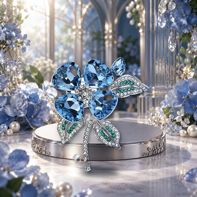 Faceted Flower with Pearl-Look Drop Brooch styled in a thematic scene