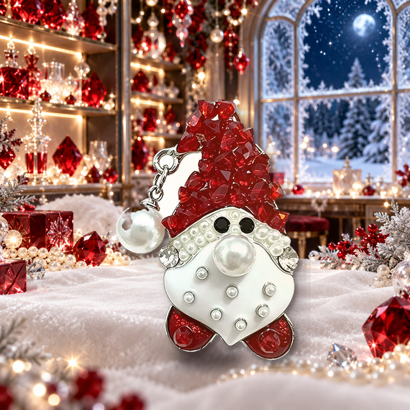 Faceted Hat Santa with Pearl-Look Accents Brooch styled in a thematic scene