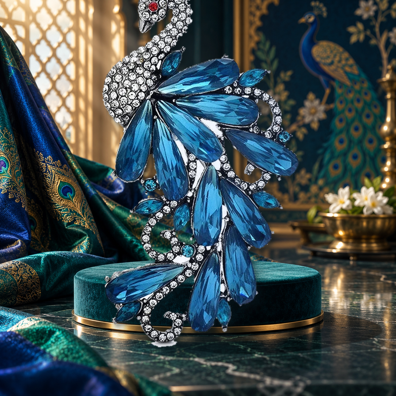 Faceted Peacock with Cascading Tail Brooch styled in a thematic scene