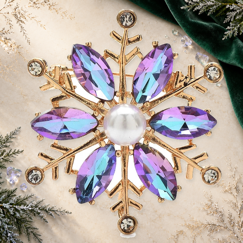 Faceted Snowflake with Pearl-Look Center Brooch on an elegant ivory, deep green and gold background