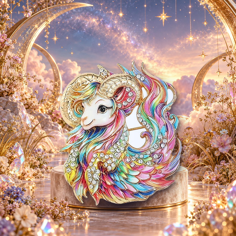 Fantastical Goat with Flowing Mane Brooch styled in a thematic scene