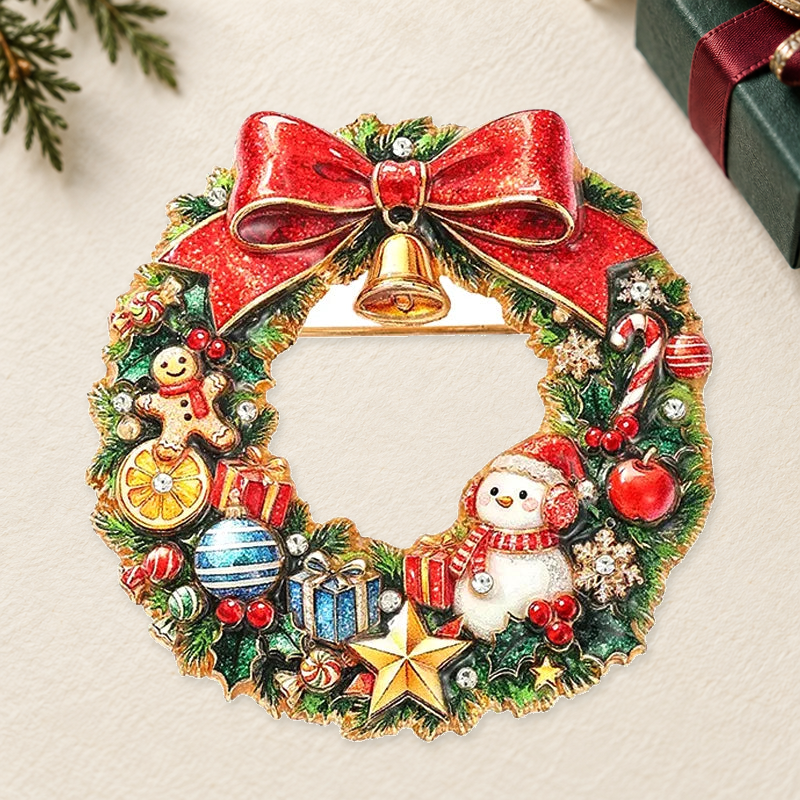 Festive Bow and Ornament Wreath Brooch in a themed ivory setting