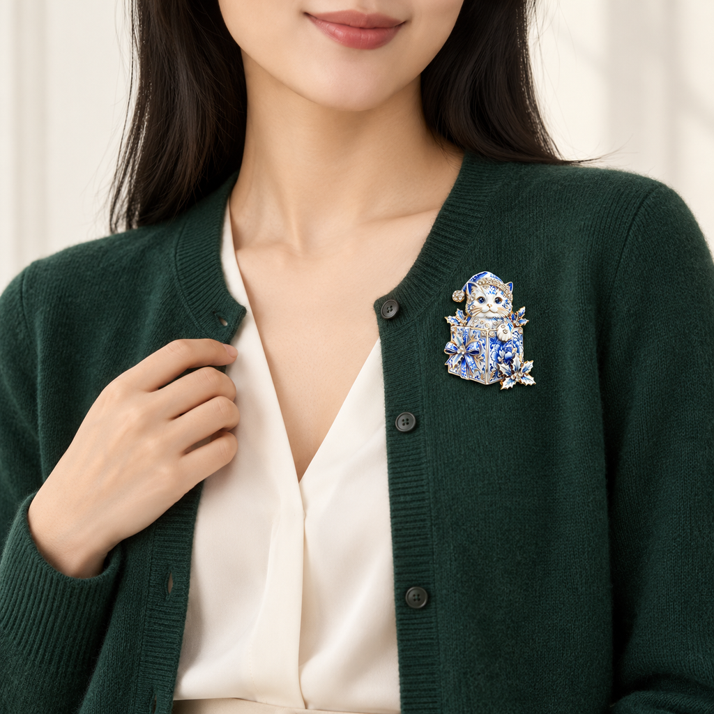 Festive Christmas Character Brooch worn with a coordinated outfit