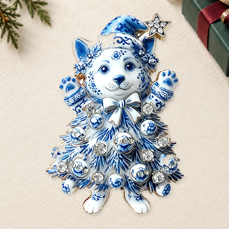 Festive Corgi Christmas Tree Brooch on an ivory themed backdrop