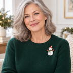 Festive Snowman with Scarf Brooch worn at realistic scale on coordinated clothing