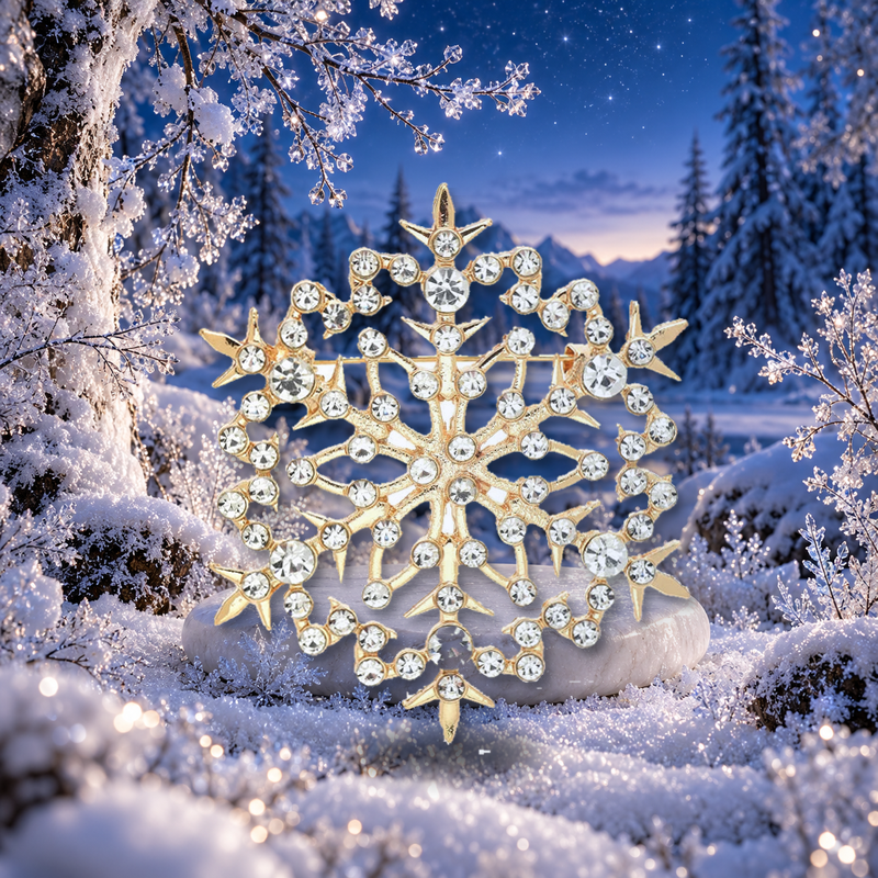 Filigree Crystal Snowflake Brooch styled in a thematic scene