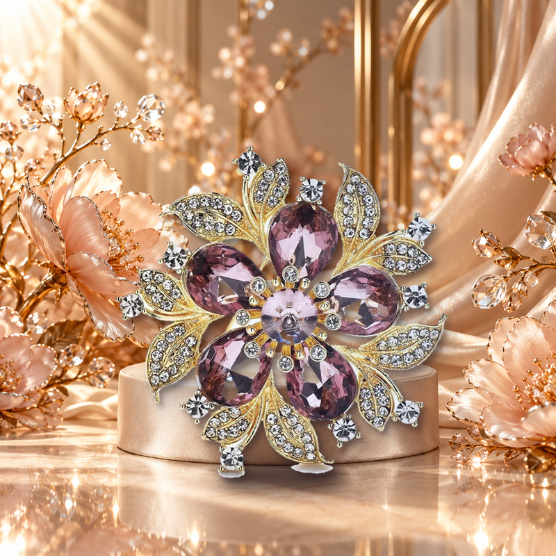 Five Petal Faceted Flower and Leaves Brooch styled in a thematic scene
