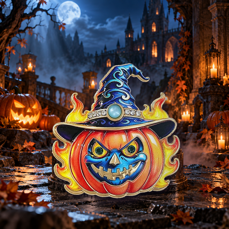 Flaming Pumpkin with Witch Hat Brooch styled in a thematic scene