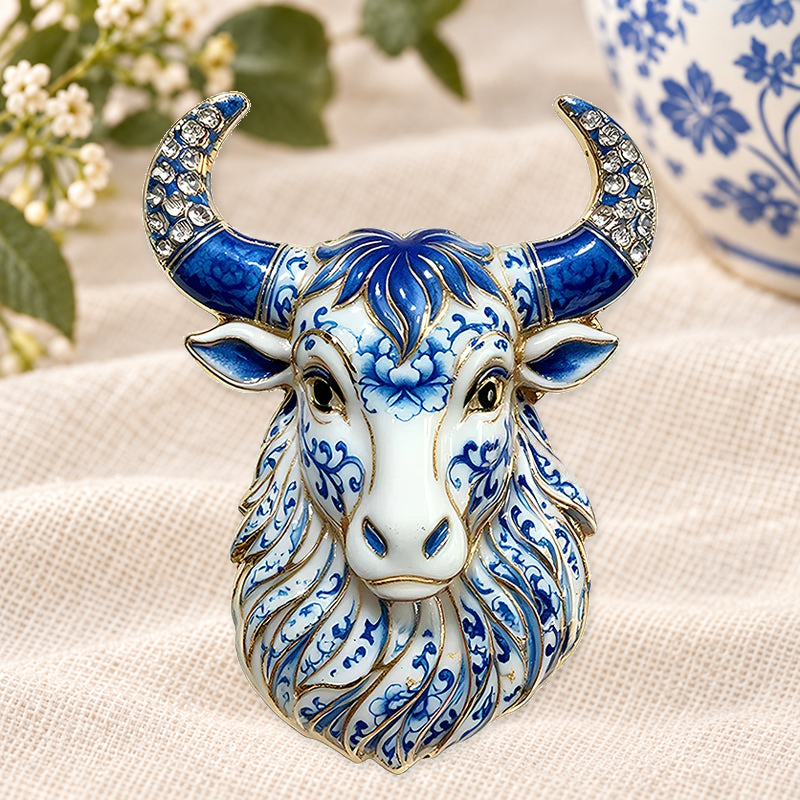 Floral Bull Head Brooch on a motif themed ivory backdrop