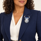 Floral Bull Head Brooch worn with a coordinated outfit