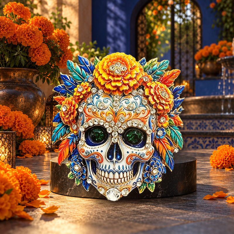 Floral Calavera Skull with Marigolds Brooch styled in a thematic scene