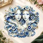 Floral Gemini Twin Portrait Brooch on a complementary display background