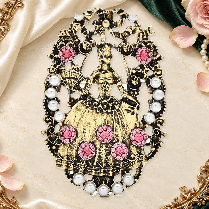 Floral Lady in Pearl-Look Frame Brooch on an elegant ivory, evergreen and gold romantic background