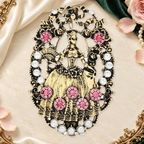 Floral Lady in Pearl-Look Frame Brooch on an elegant ivory, evergreen and gold romantic background