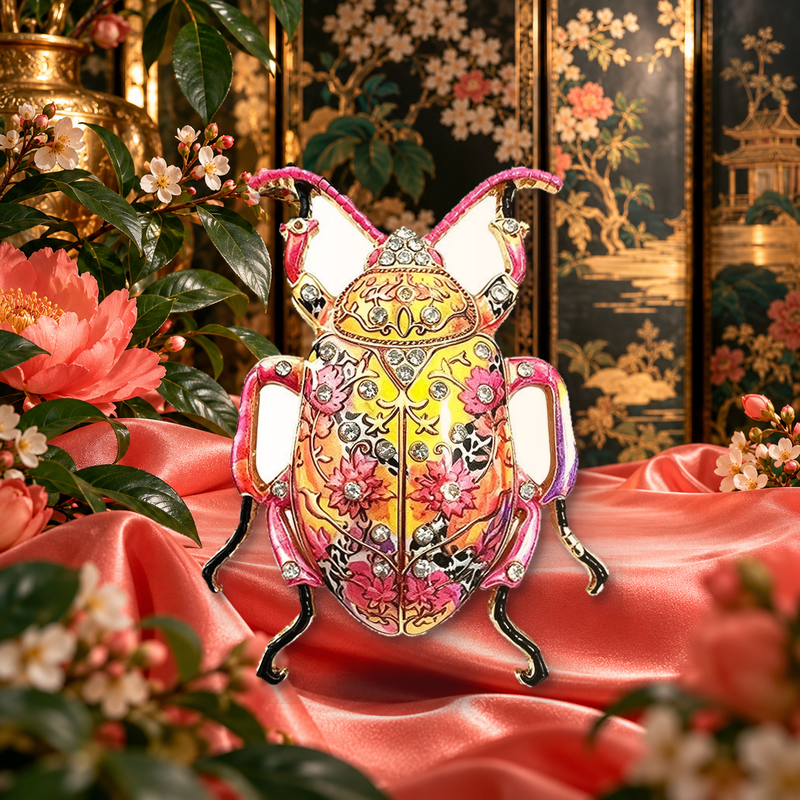 Floral Patterned Beetle Brooch styled in a thematic scene