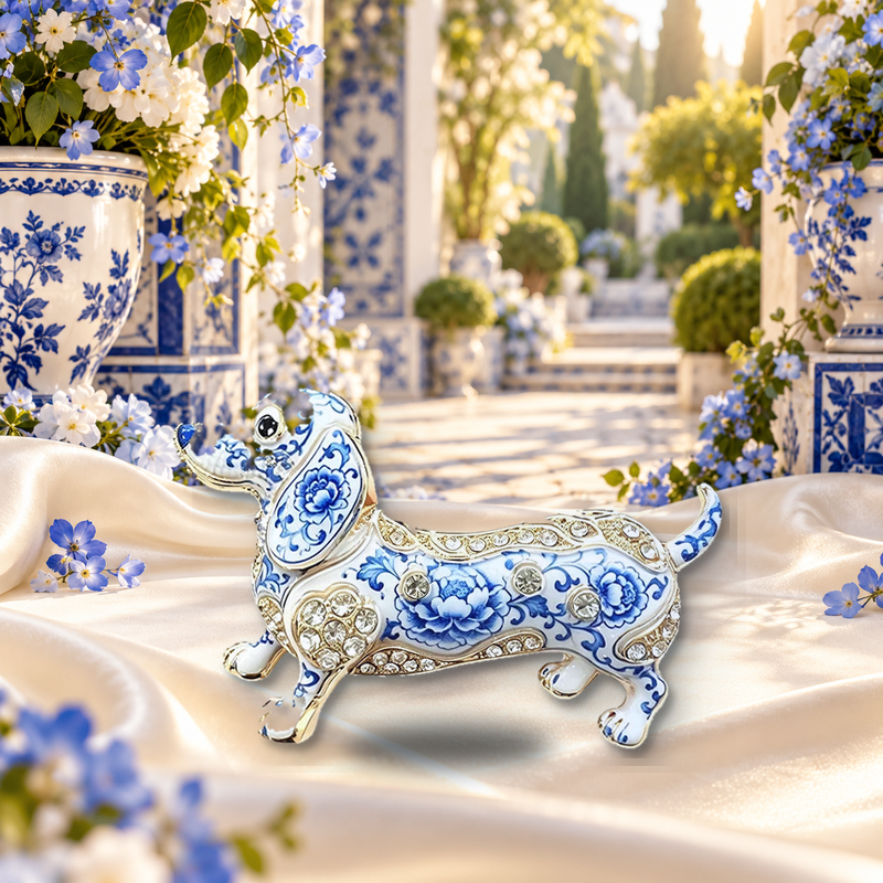 Floral Patterned Dachshund Brooch styled in a thematic scene