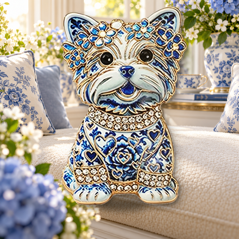 Floral Puppy in Patterned Sweater Brooch in a themed styled scene