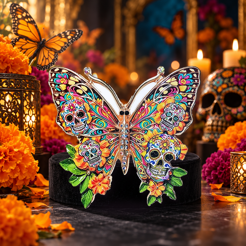 Floral Sugar Skull Butterfly Brooch styled in a thematic scene