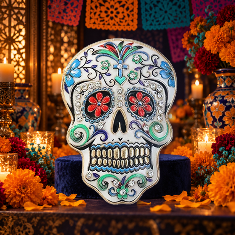 Floral Sugar Skull Sparkle Brooch styled in a thematic scene