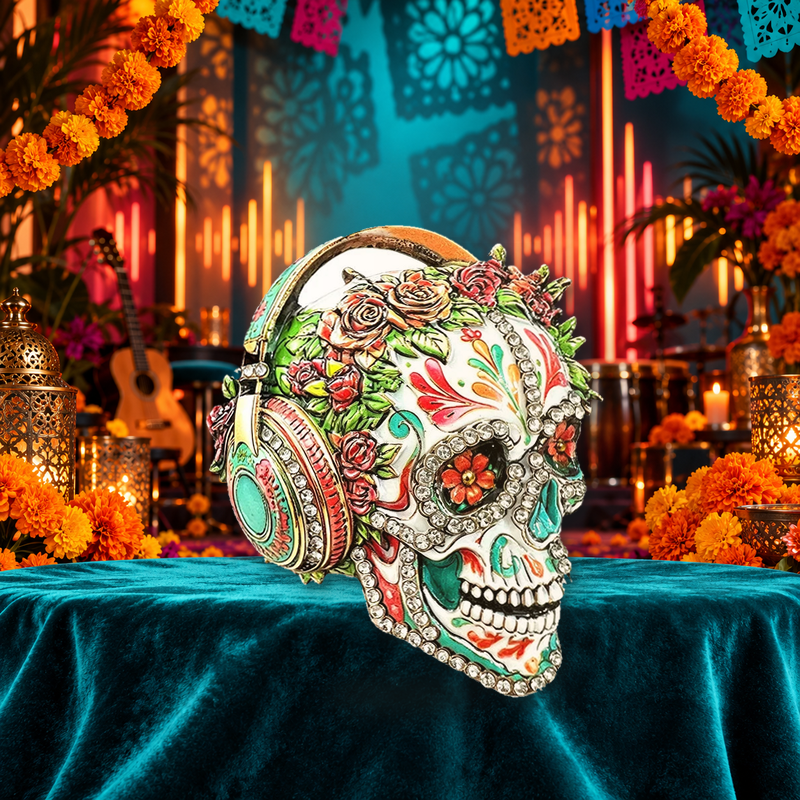 Floral Sugar Skull with Headphones Brooch styled in a thematic scene