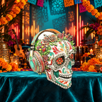 Floral Sugar Skull with Headphones Brooch styled in a thematic scene